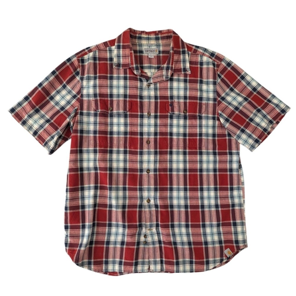 Carhartt Mens Plaid Short Sleeve Button Up Shirt XL Red Blue Relaxed Fit